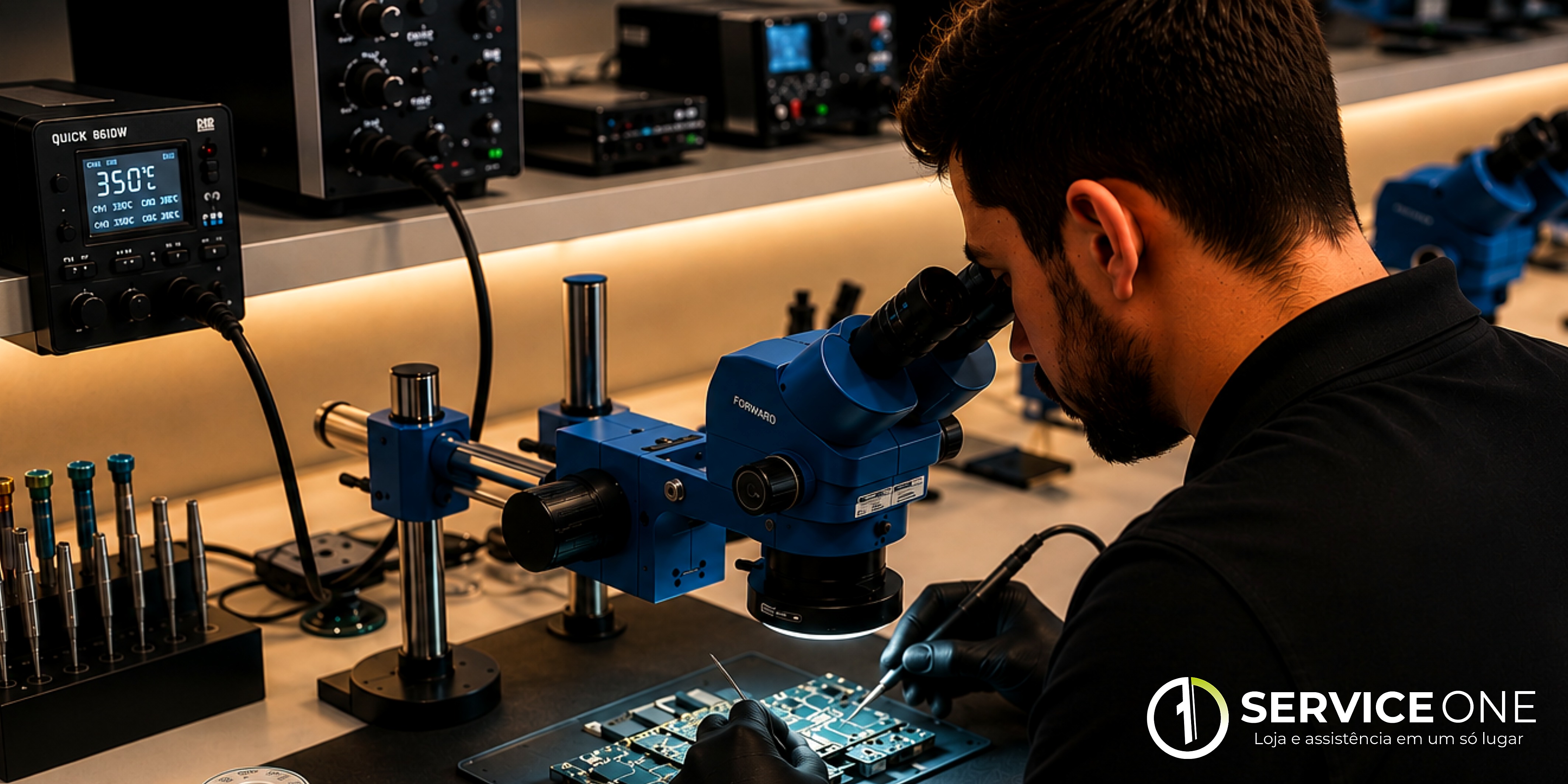 Técnico da Service One trabalhando no reparo de placa sob o microscópio